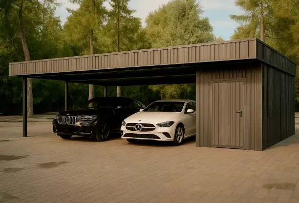 Навес для двух автомобилей с хозблоком