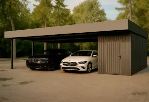 Навес для двух автомобилей с хозблоком